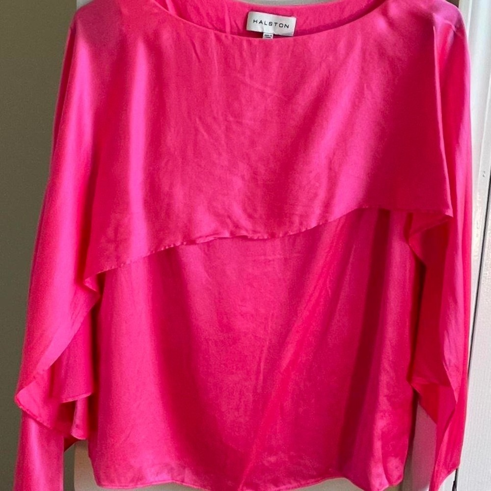 Halston Heritage Hot Pink Silk Blend Asymmetrical Overlay Blouse Top Fuchsia